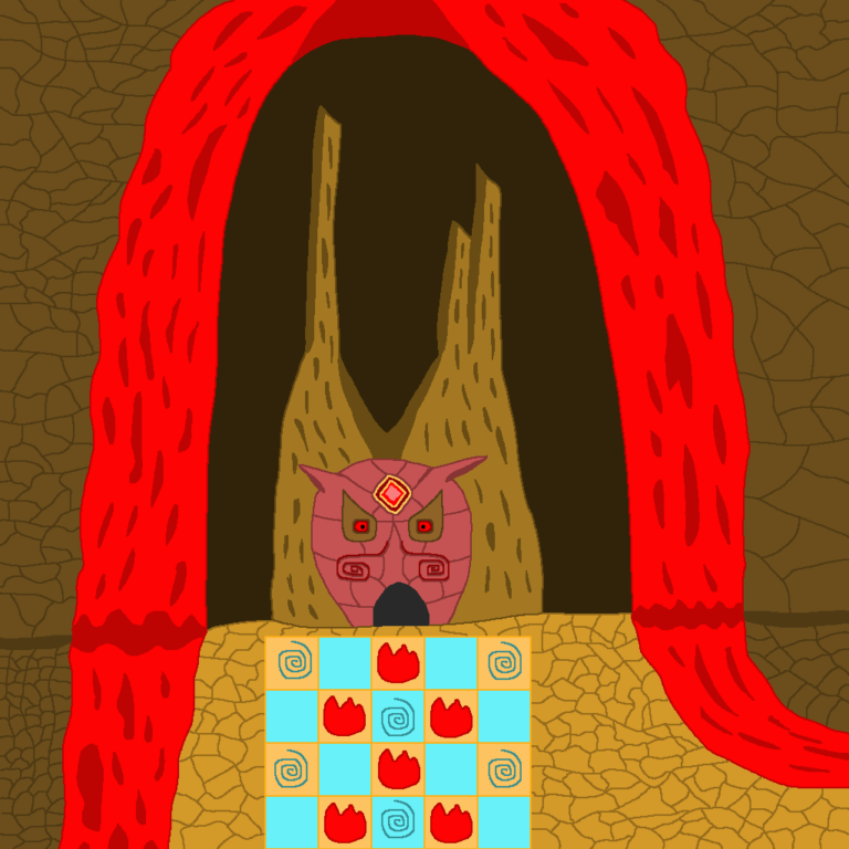 A fire dungeon somewhere on a volcano. It's a structure that has a face and horns. On each side is a lava waterfall. Next to the waterfalls are rock walls. The waterfalls become rivers that flow out. In front of the dungeon is a series of brown and blue tiles. Some have spirals and some have flame symbols.