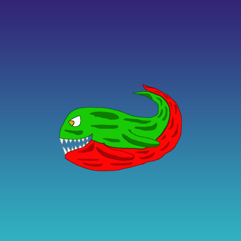 A water dungeon customarily has many fish enemies. This green-red one is facing to the left. Its yellow eye is situated above its open mouth, which contains razor-sharp teeth. It has two fins, one red and one green. The green is on its top half and the red the bottom half. They run all the way from the mouth to the tail.