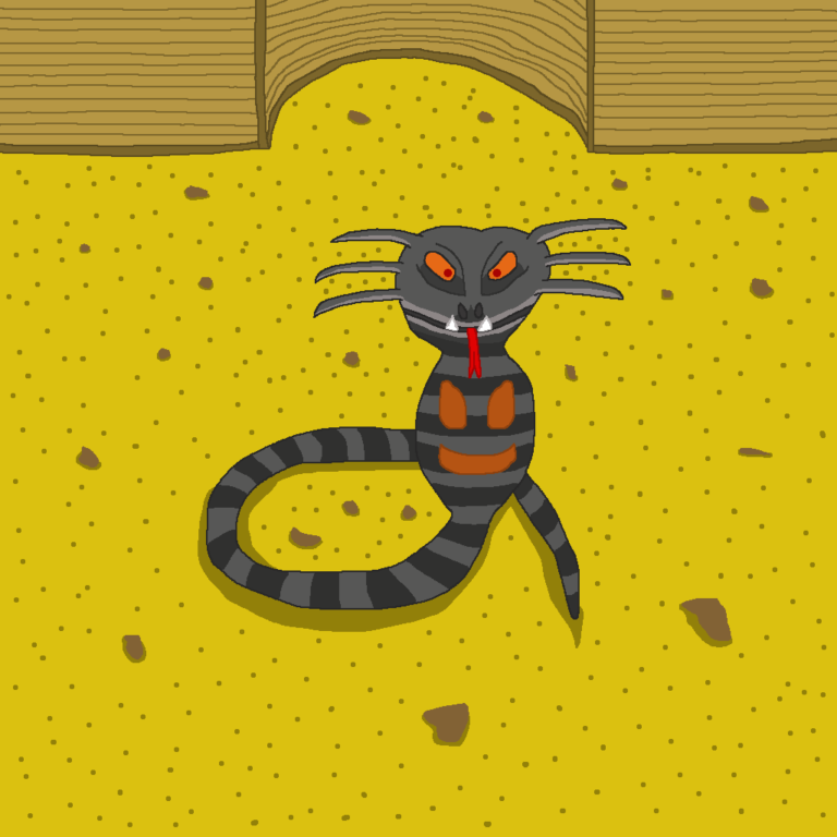 This dark gray cobra snake with black stripes is an enemy in the sand dungeon. The cobra is sitting atop a sea of sand. In the back is brown walls with the middle curving.