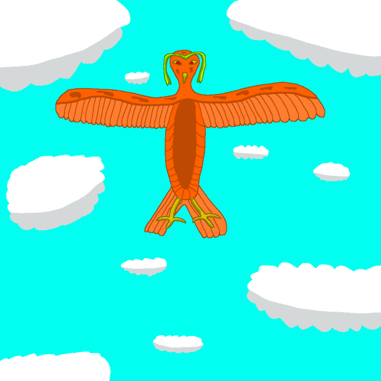 Birds are a common enemy in a sky dungeon. This orange bird is flying high up in the clouds, flapping his wings. There's several white clouds in the blue sky.