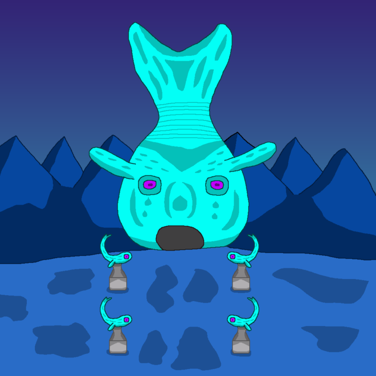 This great fish-like structure is a water dungeon. The blue fish's open mouth serves as the entrance. Above it are two purple eyes. There's different kinds of decorations on the fish like tears. In front of the great fish are 4 smaller fish statues. The sea floor is blue and the mountains in the background are a darker shade of blue.