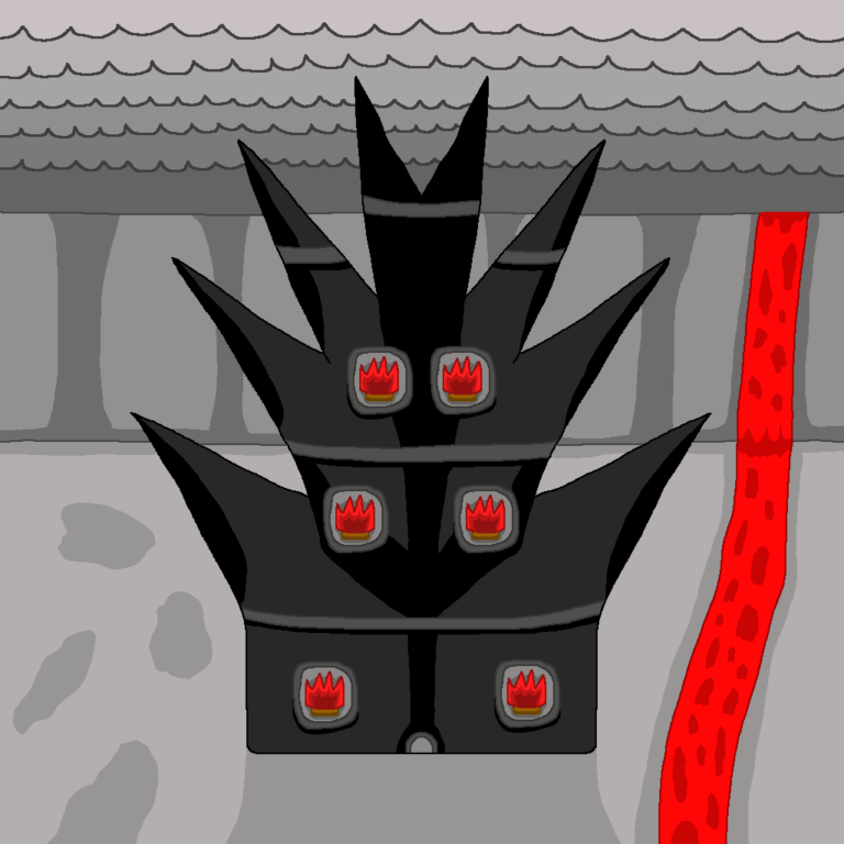 The dungeon of darkness comes in several designs. This one has 8 spikes jutting out. Several gray trims run across it. There's 6 flames. The dungeon is adjacent to a river of lava. Behind it is a gray rock wall with a lava waterfall. Above the dungeon is nothing but gray clouds and skies.