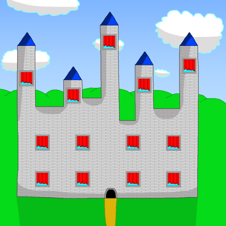 Castles are one part of fantasy governments. This gray brick castle has 5 towers with a blue tip, 13 windows with red curtains. The castle sits atop a grassy plain with a brown road leading to the door. Behind the castle sits a series of rolling hills and above them is the blue sky with 5 clouds.