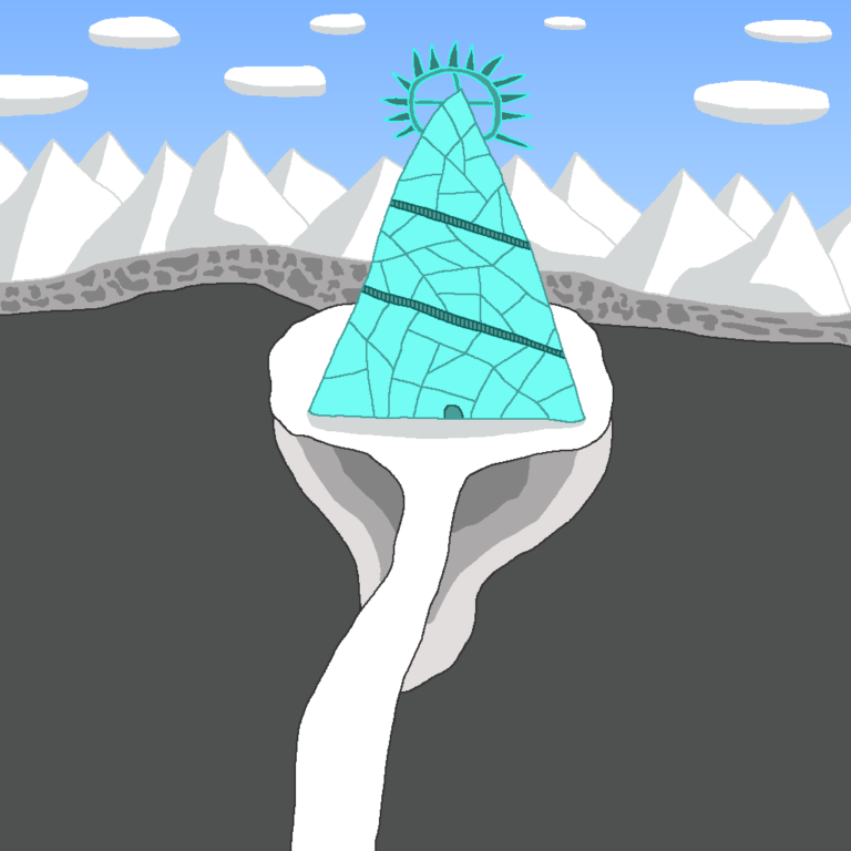 The triangular-shaped ice dungeon sits atop a rock in the middle of a large chasm. A circular structure with spikes is at the top of the dungeon. Behind the structure is a snowy mountain range. Above the mountains are oval clouds and the blue sky.