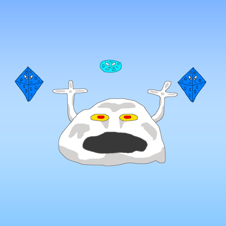 An ice dungeon has glacial enemies. A snow monster with a wide mouth, yellow-red eyes and two large hands sits in the middle. On each side is a floating diamond blue crystal. Above the snow monster is a floating light blue circle crystal.