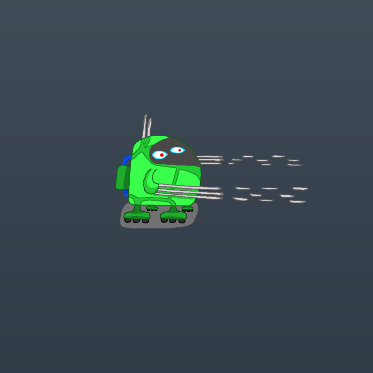 Robots are common enemies in an industrial dungeon. This green-colored one has red eyes and a set of 4 feet with 3 wheels each. It has a battery in the back and its arms are shooting bullet-like objects. The background is a dark gray gradient with descending down from light to dark.
