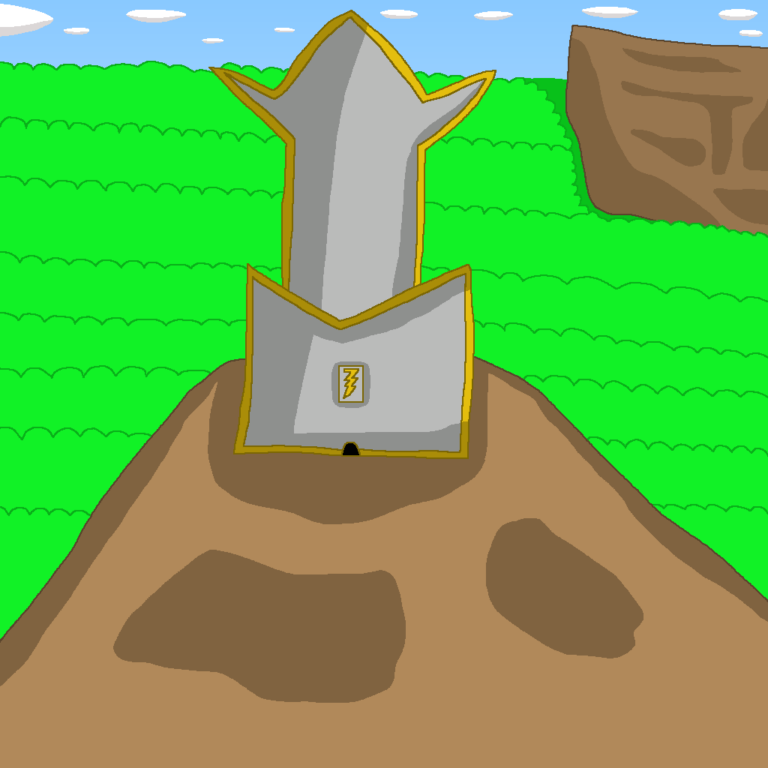 The tower-like building in the forefront is a lightning dungeon. It has a golden trim running alongside its edges and it juts out in three directions at the top. It's sitting atop a brown plateau overlooking a forest. In the distance is a cliff. Above the forest and cliff is the blue sky with oval clouds.