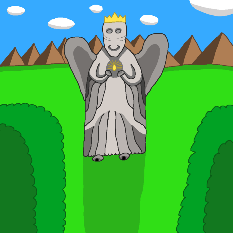 The entrances to the spirit dungeon are found at the feet of the gray deity in the middle. Her hands seem to be holding a yellow-like object and she has a golden crown and gray wings. She's surrounded by grass and two forests, one on each side. Behind her is a series of mountains and above them is the blue sky with oval clouds.