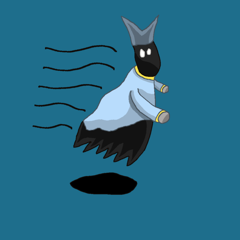 Phantoms are common enemies in a spirit dungeon. This black phantom has white eyes and a light blue shirt with yellow separating it from its body to its face and hands. The gray hat atop it juts out in two different directions. It's floating in midair, as if chasing something. The background is a dark blue.