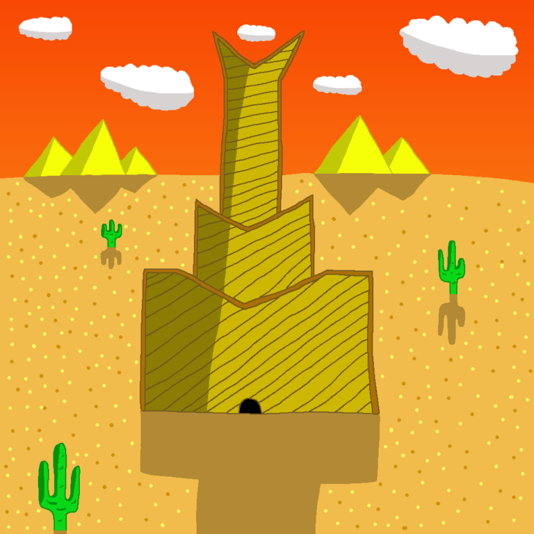The steel dungeon can be found in many places. This one is a multi-tiered one with 3 dark yellow-brown tiers with the topmost splitting into two spires. It has brown lines running diagonally through it. The dungeon is in the middle of a desert with several pyramids in the back and some cacti scattered around it. Above it is the orange sky with five clouds.