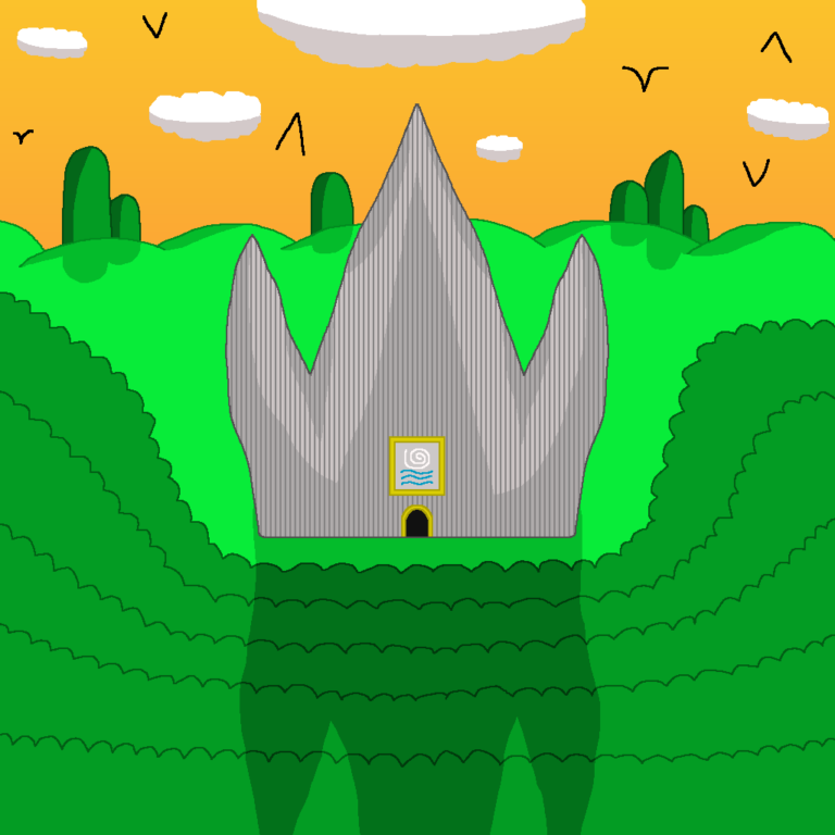 The gray building in the middle is the time dungeon. It has three towers. Above the door is a white spiral symbol with 3 blue waves. In front of the dungeon is a forest. The dungeon is surrounded by grass and behind it is a series of hills. Above the dungeon is an orange sky with clouds and birds.