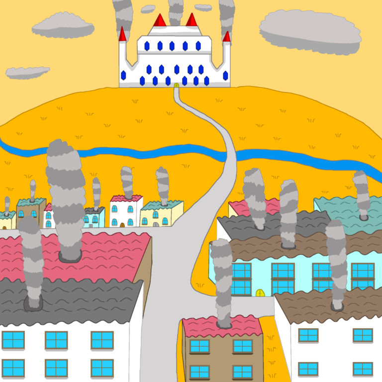 Anarchy in fantasy depicts a lawlessness world. This image features a city with a castle on a hilltop above it. The city has both rectangular- and square-shaped buildings with a wavy roof on each one. The buildings come in four colors: light yellow, brown, light blue, and white. The roofs come in the following colors: dark blue, red, light black, and dark brown. Many of these buildings have windows and some have a visible door. The road itself runs down the middle of the image, swaying to the right and then the left, ending at the doorstep of the castle. The road also meets two others, one that runs to the left, and the other to the right. Behind the city is a grassy field with blades of grass scattered throughout. A river cuts through the field, meandering from the left edge to the right edge of the image. The castle itself is white with gray shadows. It has four red turrets and diamond-shaped windows. Smoke billows forth from the buildings and castle, as if they're on fire. The grassy field is yellow-orange and the sky is a pale yellow with gray clouds.