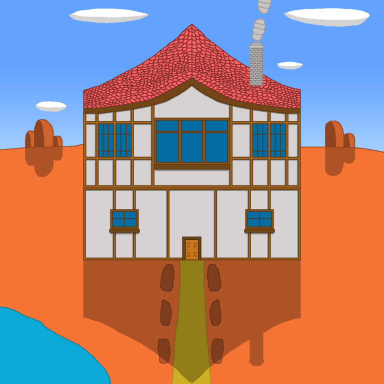 A fantasy city government has many buildings. This cottage-like one has brown beams, a light gray exterior and blue windows. It has a slightly red roof and a gray chimney with smoke billowing forth. The grass is red and a small pond is on the lower left corner. A golden path goes to the brown door with red bushes alongside the path. Red hills are behind it. Above the building is a blue sky with 4 oval clouds.