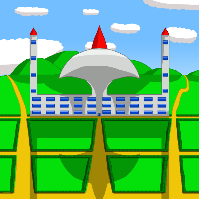 This dome-shaped building is the heart of a fantasy democracy or fantasy republic. The dome is in the middle with two towers at each side and a large one above it. The towers end with a red peak. In front of the building is a series of golden paths with hedges on each side. Behind the building is a series of green hills and above them is the blue sky with white clouds.