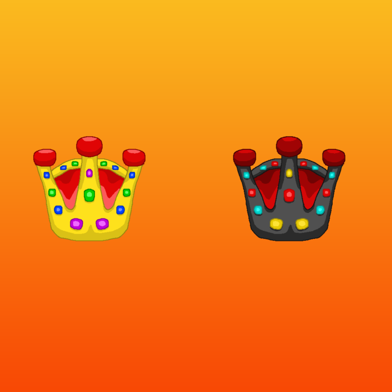 Crowns are the ultimate symbol of a fantasy monarchy. The left one is golden and has blue, green, and purple gems. The right one is almost black and has yellow, red, and light blue gems. The crowns are in front of an orange gradient background.