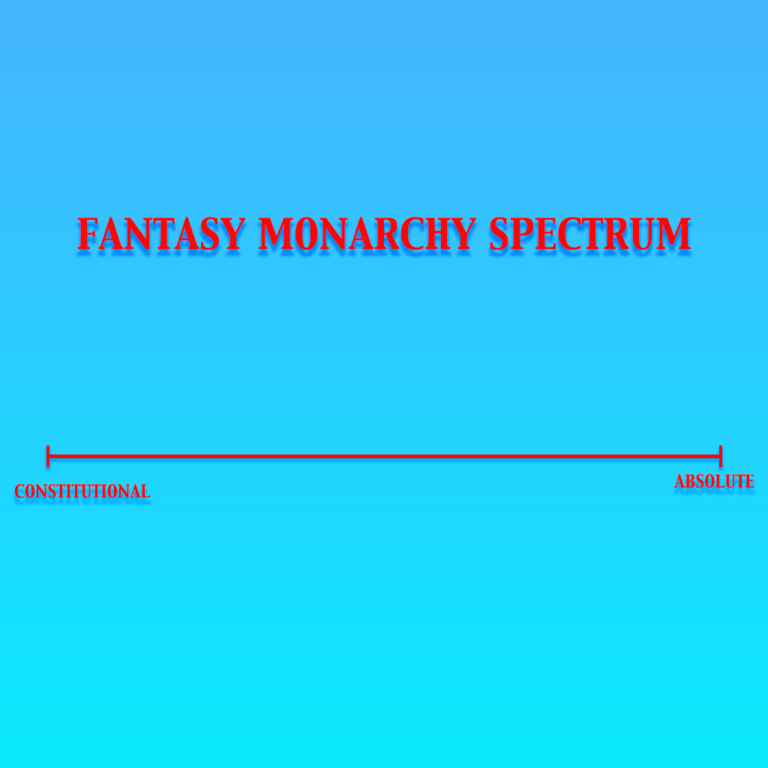 This shows a scale of the various kinds of the fantasy monarchy. On the left end is the constitutional and on the right end is the absolute. The words fantasy monarchy spectrum is above the scale. They're all in red and behind them is a blue gradient background.