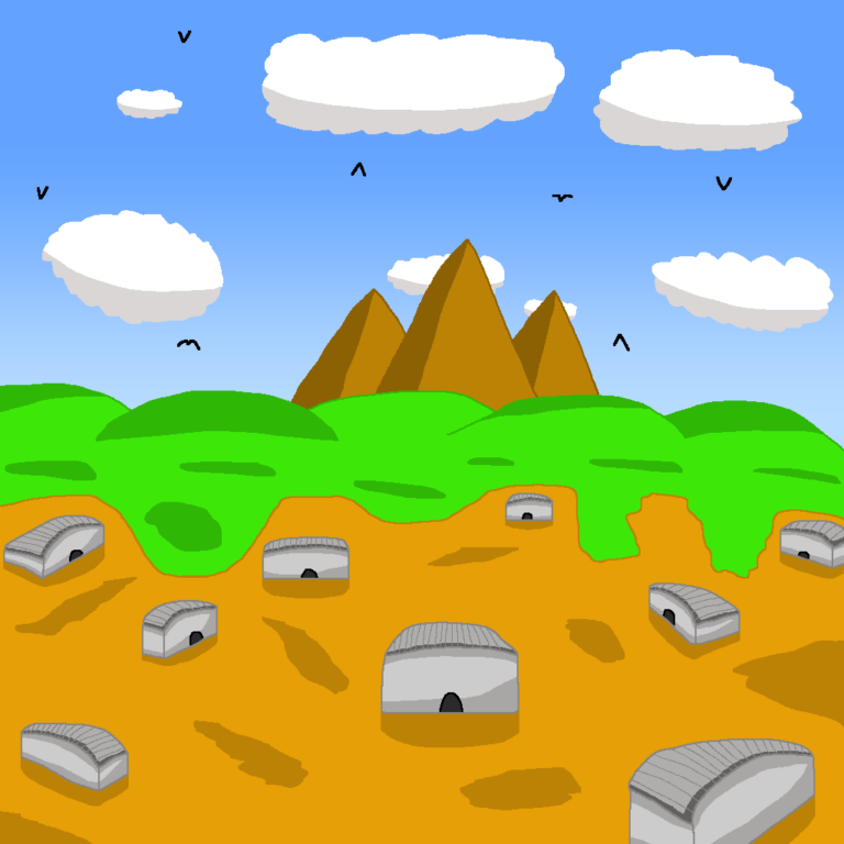 This is one of many fantasy tribal governments. The little gray houses on the dirt field are easy to take down so the tribe can move to their next destination. Behind the dirt field is a grassy plain that leads to rolling hills. Behind the hills are three mountains. Above the mountains is a blue sky with white clouds and birds.