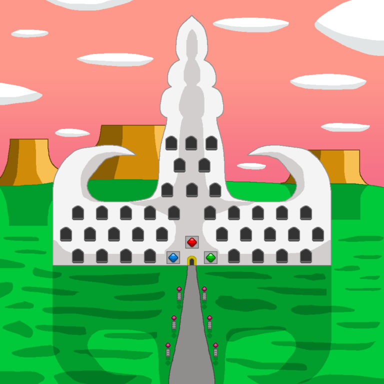 A magocracy rules from grand castles. This light gray castle's shape resembles the upper body of a kraken. It has many windows and a golden trim around the door. Red, blue, and green diamond symbols surround the door. A gray path leads to the door and pink diamond statues line it. The castle sits atop a grassy plain with several mesas in the background. Above them is the pink sky with oval clouds.
