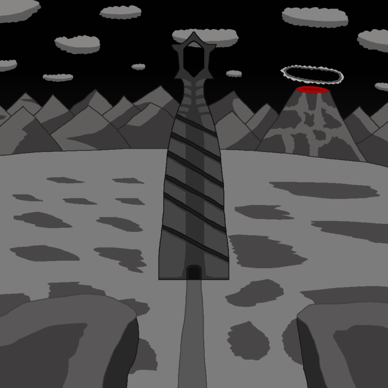 A tyrannical government in fantasy rules its lands from dark towers or castles. This dark gray tower has a diamond-shaped hole at the top where parts of it jut out in different directions. On the tower's front is a series of steps going diagonally. A path runs from the door to the bottom of the image. On each side is a rock plateau. Behind the tower is a gray mountain range with a volcano on the right side. The volcano has a ring of clouds swirling above it. Above the mountains is the black sky with gray clouds.