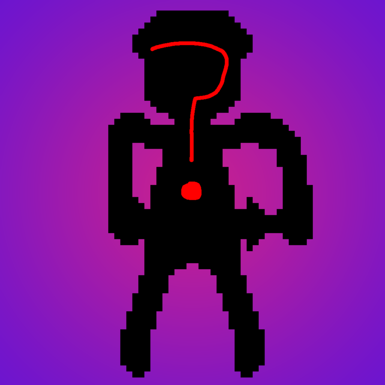 Creating a fantasy character means you're starting from scratch. A black outline of a character stands in the middle of a purple gradient background with a red question mark in front of him.