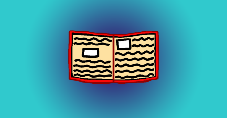 A red book that represent a guide to writing a fantasy novel. It has light brown paper and black squiggly lines representing words on the two open pages. A white picture is on each page. The novel is in front of a gradient blue background with the darker shade directly behind it and the lighter outside it.