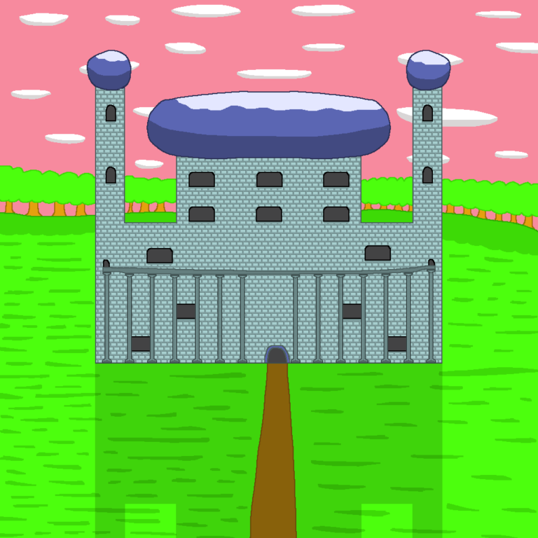 This light blue castle is where members of a fantasy oligarchy meet. It has two dark blue towers and a central one. Columns support a balcony that spans the hallway mark up the castle. Windows of varying sizes are all over the castle. In front of it is a grassy plain and a brown path that goes from the door to the bottom of the image. Behind the castle is a green forest and above it is a pink sky with oval clouds.