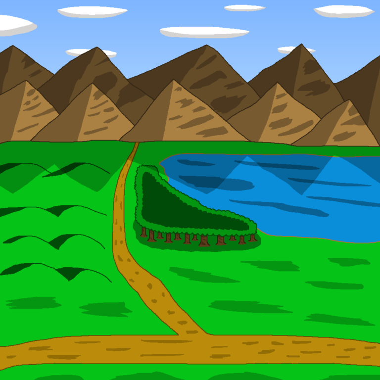 A scene in a novel takes place on a fantasy setting. A brown road runs from the left to the right, intersecting with one in the middle that runs to the mountains in the background. On one side of the road is a series of hills and on the other is a forest and lake. The road is in the middle of a grassy plain. Above the mountains is the blue sky with oval clouds.