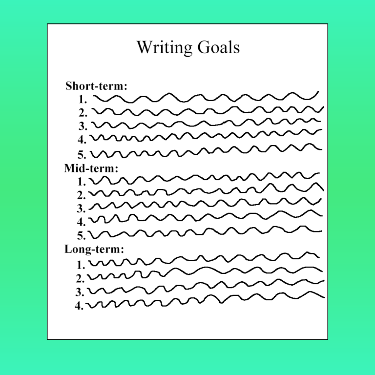 Paper is useful for creating writing goals. This one has the words writing goals on top. It's broken into three groups: short-term, mid-term, and long-term. Each one has numbers beneath it and squiggly liens to the right. The paper is in front of a green gradient background.