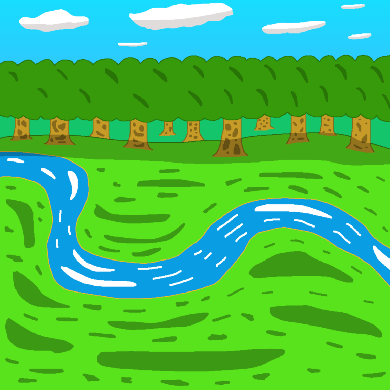The story pace is much like a river flowing. As the river meanders throughout the grassy plain, it moves faster at some points and slower in others. Behind the river is a forest and above the forest is the blue sky with white clouds.
