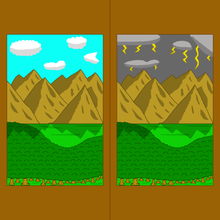 Two images on a brown wall that are almost exactly the same, one on each side. They're forests with mountains in the background. On the left one is a bright, blue sky with white clouds whereas the right one has a dark gray sky with dark clouds and lightning. The two images are examples of themes and motifs in fantasy.