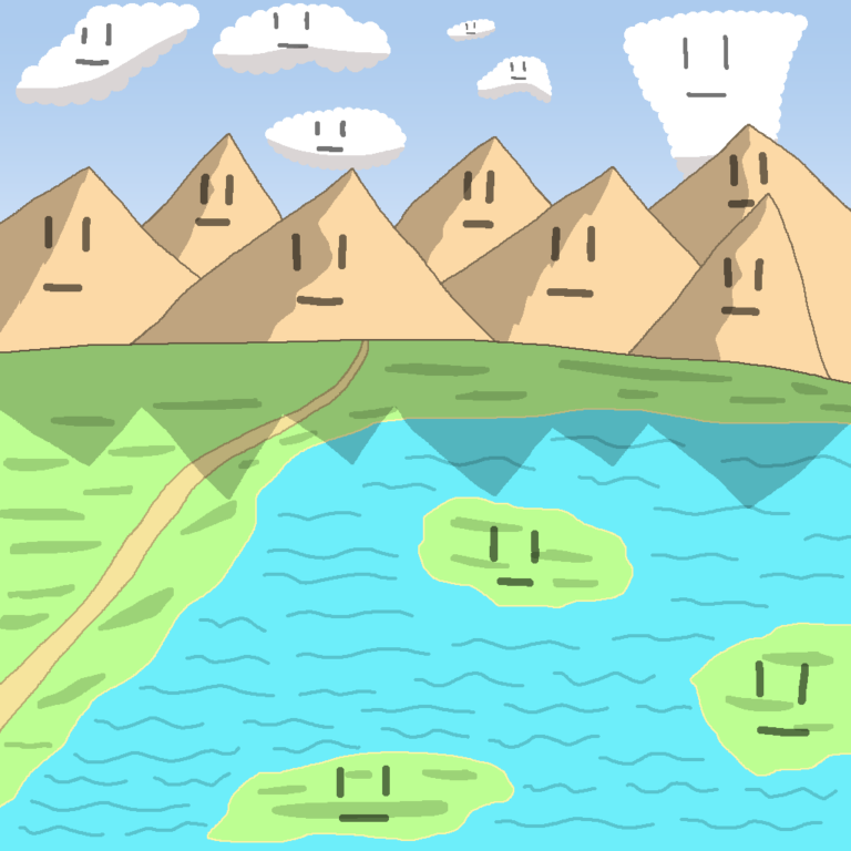 A landscape with a grassy plain on the lower-left side and a lake on the lower-right side. The lake has three islands. Behind the grassy plain and lake is a mountain range and above it is the sky with several white clouds. The mountains, clouds, and islands have blank faces on them, signifying writing burnout or writing fatigue.