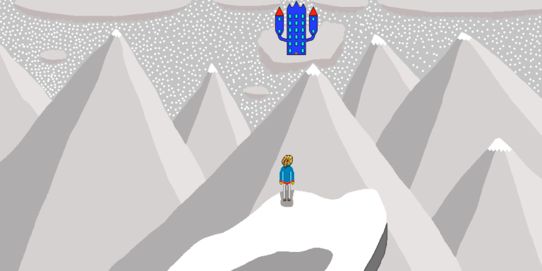 A blond man with a ponytail, a blue shirt and gray pants stands on a plateau looking at the blue castle in the sky. The castle has light blue windows and its two towers have a red roof. The gray sky has several dark clouds. Snowflakes are falling from the clouds behind the gray mountains. Many stories are told in the 3rd person and this is an example of how to write in 3rd person.