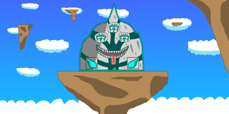 The entrance to a dungeon that contains 3 eyes, an open mouth with the tongue sticking out. Symbols of two blue wings sit underneath the mouth. The dungeon sits atop a floating island in the blue sky. Several other floating islands are seen as well as white clouds. Dungeons are one thing that can be used when making a myth.