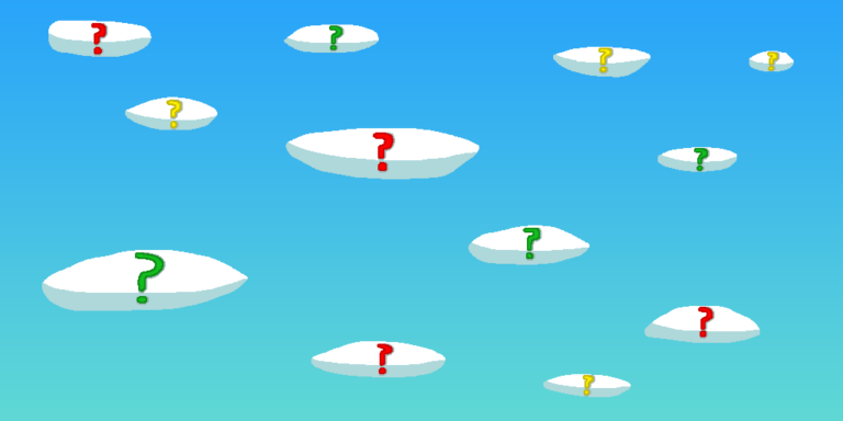 A series of 12 oval clouds in the blue sky. Each cloud has a question mark inside and the marks are colored either red, yellow, or green. The question marks symbolize the narrative hook to get readers invested in your story.