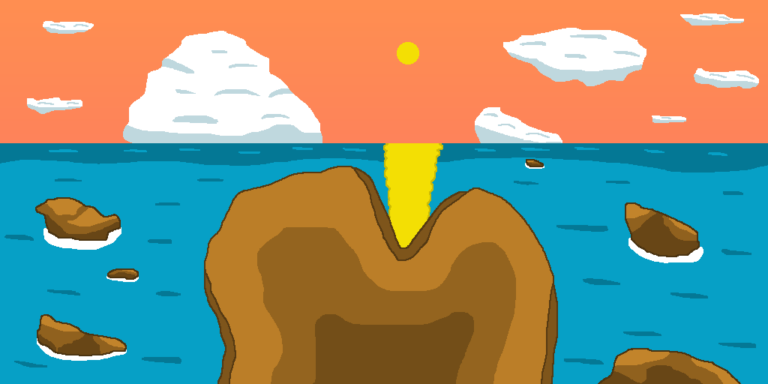 A sunset over the ocean with a rock outcropping. Several rocks jut out of the water. The orange sky has several clouds. This represents the ending of the story progress.