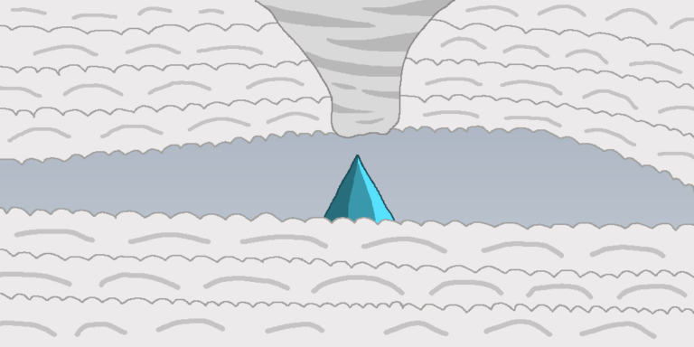 A dark gray sky with a gray cloud cover. A blue mountain juts out from the lower layer of clouds. An odd-shaped storm cloud is above the mountain. An exposition dump gives the backstory of what's happening here.