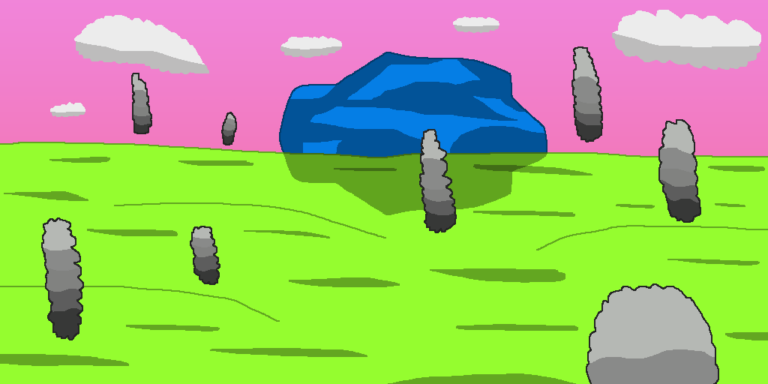 A series of smoke billowing across a grassy field. A blue rock looms in the background. Above the rock is a pink gradient sky with gray clouds. This is the aftermath of a fantasy battle.