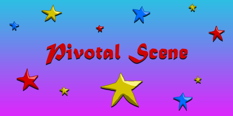 The red-colored words pivotal scene sits in the middle of a blue-purple gradient background. It's surrounded by blue, yellow, and red stars.