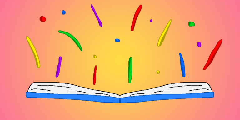 An open book with different colored things flying out of it as if magic. The flying objects are red, yellow, green, blue, and purple. In the background is an orange-yellow gradient. The objects represent the power of story magic.