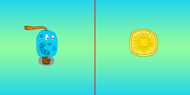 On the left half is a blue sphere-like character with red eyes and orange hair. He has brown shoes. On the right half is a golden medallion with a sun symbol. Both objects are examples of the 2 main types of stories.