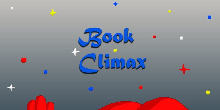 A dark gray sky with several different colored stars. The colors are red, yellow, blue, and white. In the middle are the words book climax. At the bottom are two groups of red hills.