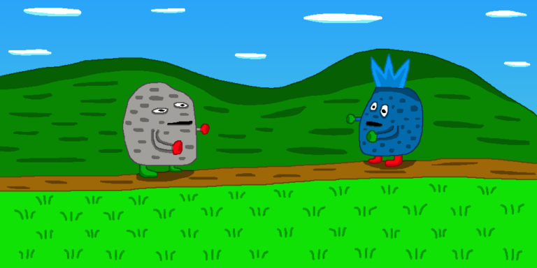 Two rock-like figures preparing to fight on a dirt road. The left figure is gray and the right is blue. The dirt road sits atop a grassy field. Behind the figures are green hills and above them is the blue sky with oval-shaped clouds. The two figures preparing to fight is one of many types of character interactions.
