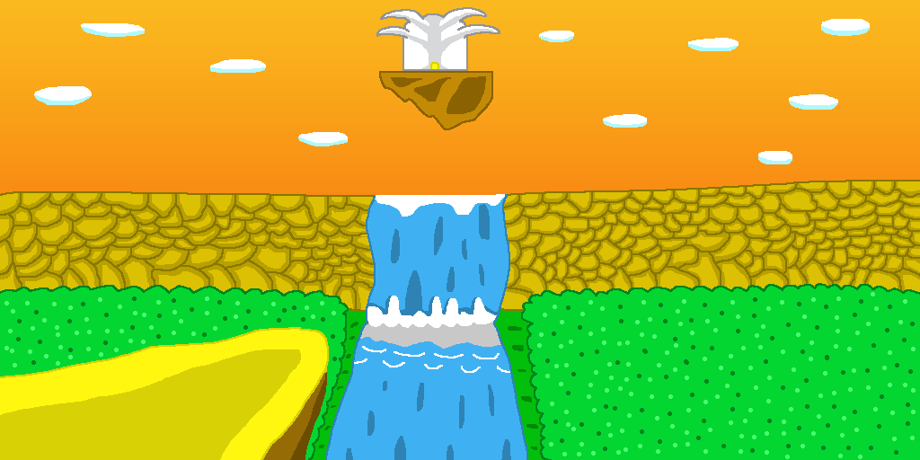 A yellow plateau overlooking a waterfall on a golden-rock wall. The waterfall drops into the river which has a forest on each side. Above the waterfall is a floating sky island with a gray castle that has four spires jutting out of it. The sky is orange and has oval clouds. Looking ahead to the next place to go is one way to show how to end a chapter.