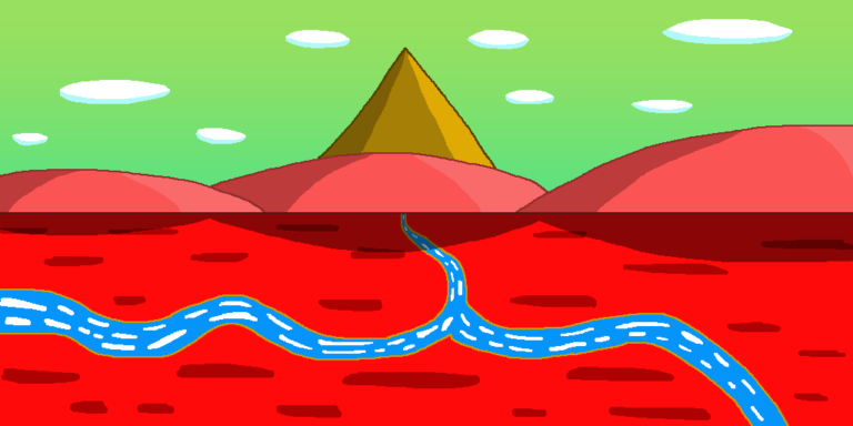 A red grassy field with a river splitting off into two. Red hills and a mountain are in the background. Above them is a green sky with oval clouds. The river represents how synopsis vs. summary wind up at the same destination.