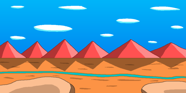 Two rock outcroppings overlooking an orange grassy field with a river meandering through it. A red mountain range towers over the grassy field in the background. Above them is a blue sky with oval clouds. A world at peace is common when you finish the story. When ending the story, show why your characters fought against evil.