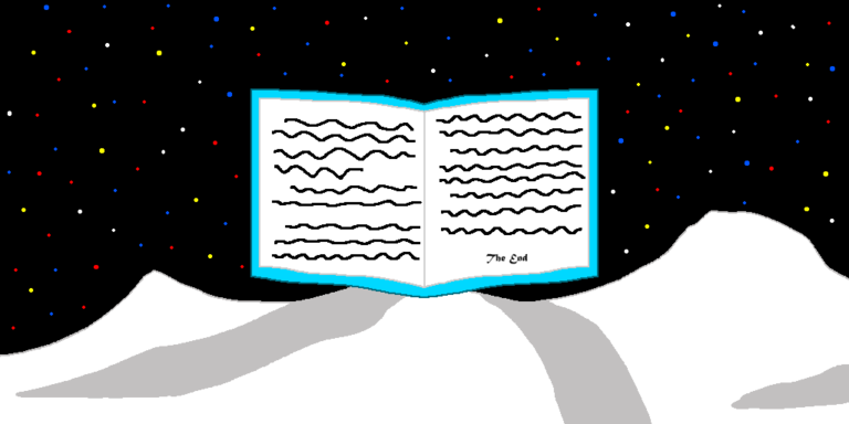 An open book with light blue covers. The squiggly lines denote words and it ends with 'The End". The book is above a white mountain range and in front of a starry black sky. It's important to understand how to revise a novel if you want to publish it.