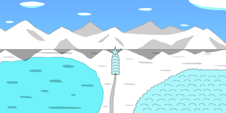 A white field with a frozen lake on the left and a frosty forest to the right. A gray road runs to the spire-topped palace in the lower center. Behind the palace is a white mountain range. Above the mountains is the blue sky with oval clouds. The coldness of this place represents the hard work that goes into self-publishing a book.