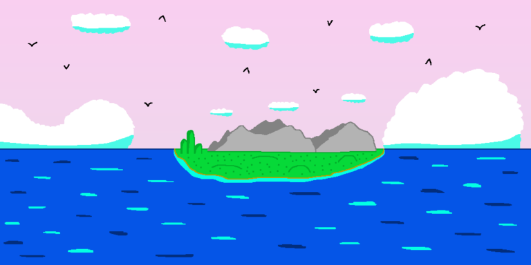 A landmass in the middle of an ocean. It has gray mountains and green hills. Above the landmass is a pink sky with white clouds and birds. Going with traditional publishers is one way to achieve your dream of being a published author!