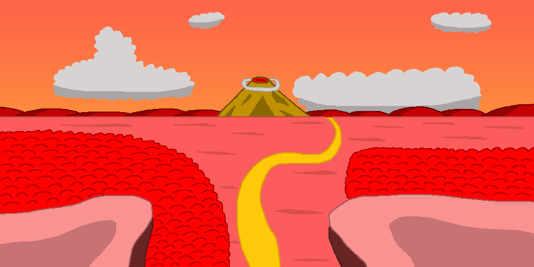 A golden road meandering through a red plain with a red forest on each side. Two rock outcroppings jut out at the bottom above the forests. In the distance is a volcano with a ring of clouds swirling around it and a range of red rolling hills. Above them is the orange sky with gray clouds. Part of writing a sequel is showing more of the world as well as the end destination.