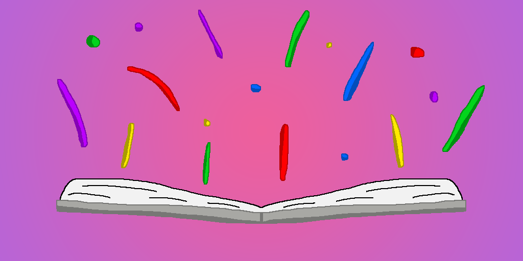 An open book with gray covers. Red, green, yellow, blue, and purple sparks are flying out of it. The background is a pink-purple gradient. The sparks flying denote the celebration of a book launch day.